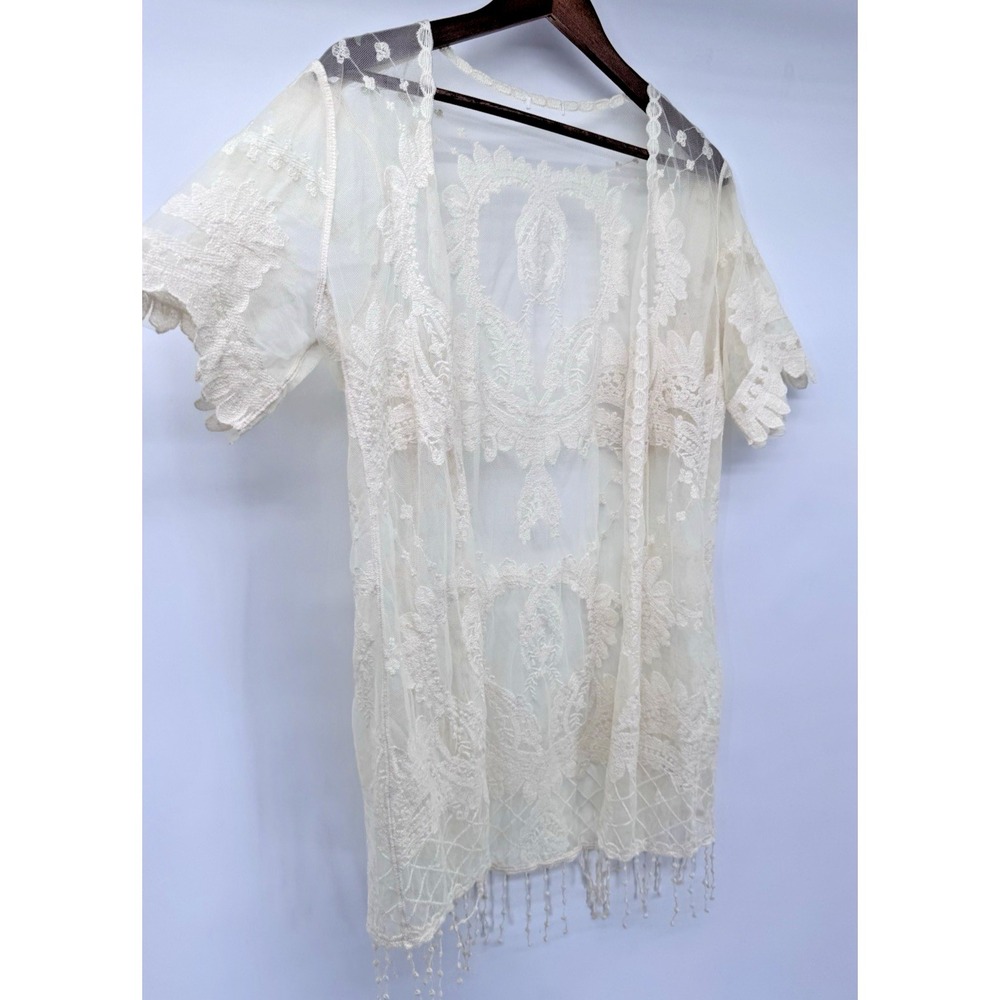 Boho Sheer Embroidered Lace Kimono Cardigan Duster Beach‎ coverup Cottagecore